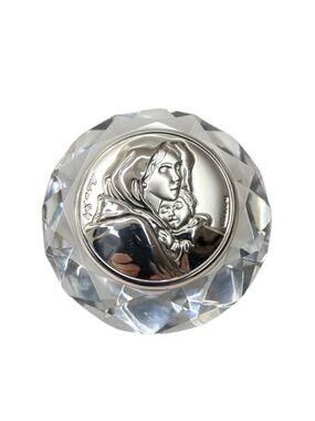 Crystal Diamond Paperweight With Silver Madonna and Child Portrait